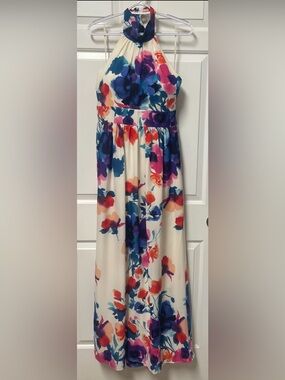 Eliza J Cream Halter Maxi Dress with Blue, Purple, Pink and Orange Floral Print